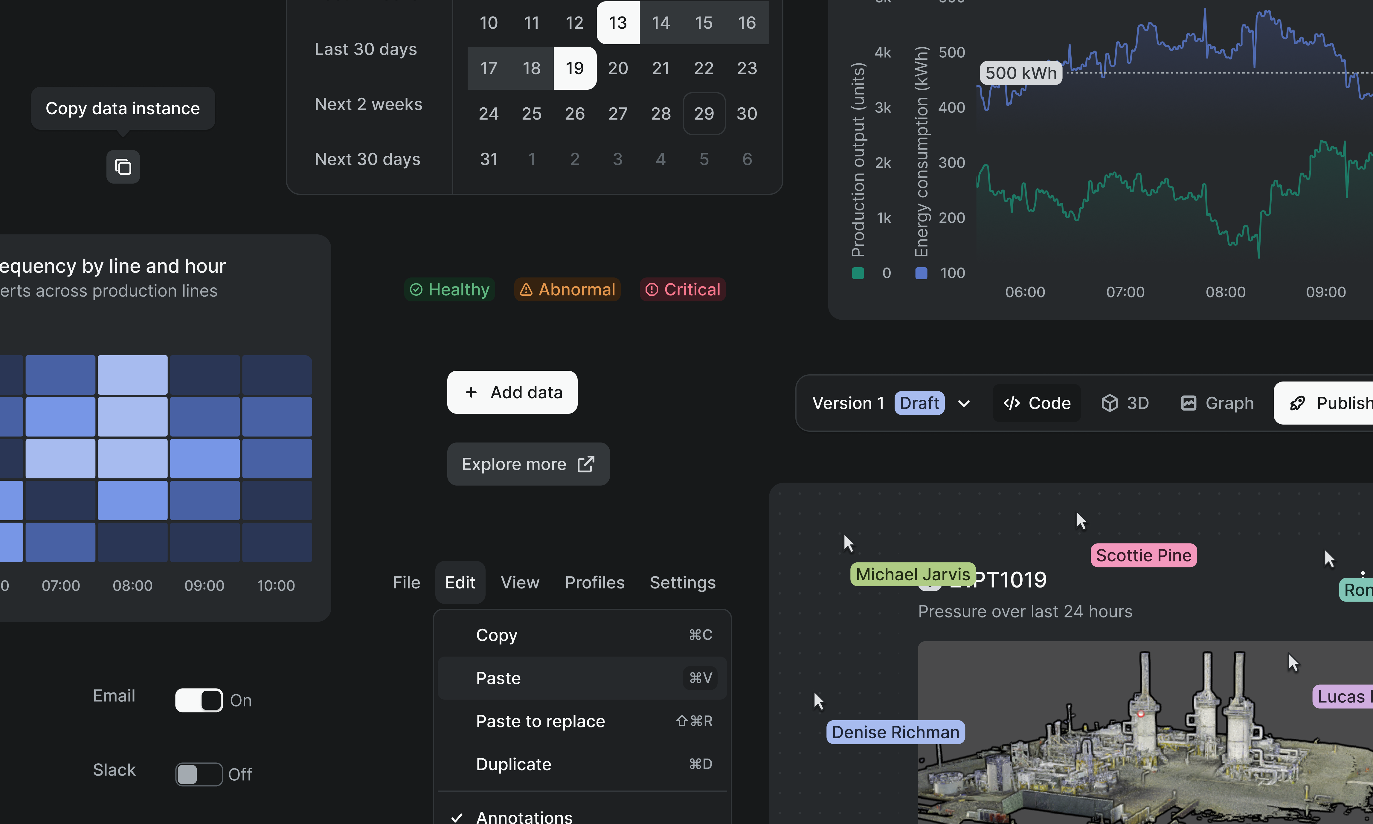 Collage of Aura UI components including charts, calendars, and collaborative views