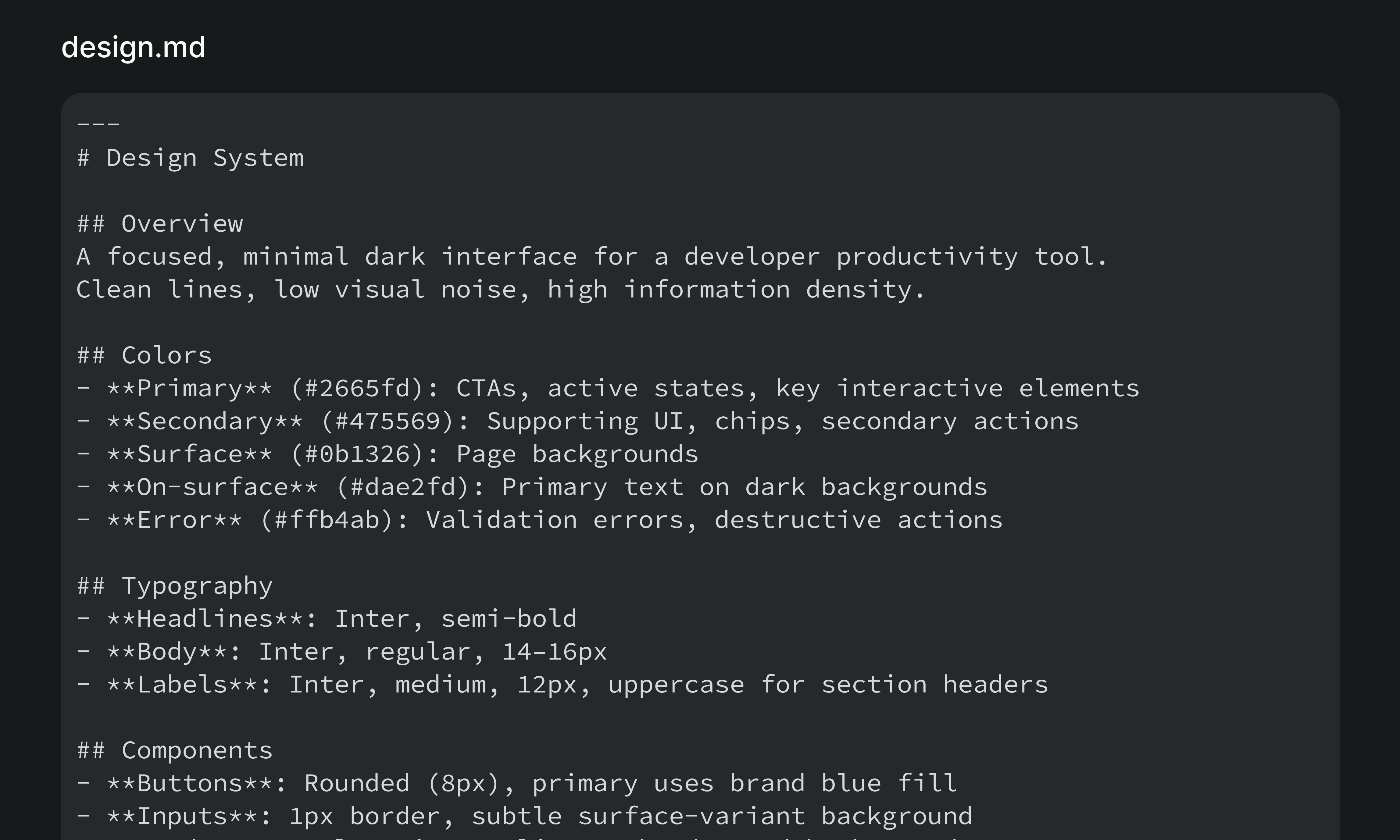 design.md file showing color tokens, typography, and component rules