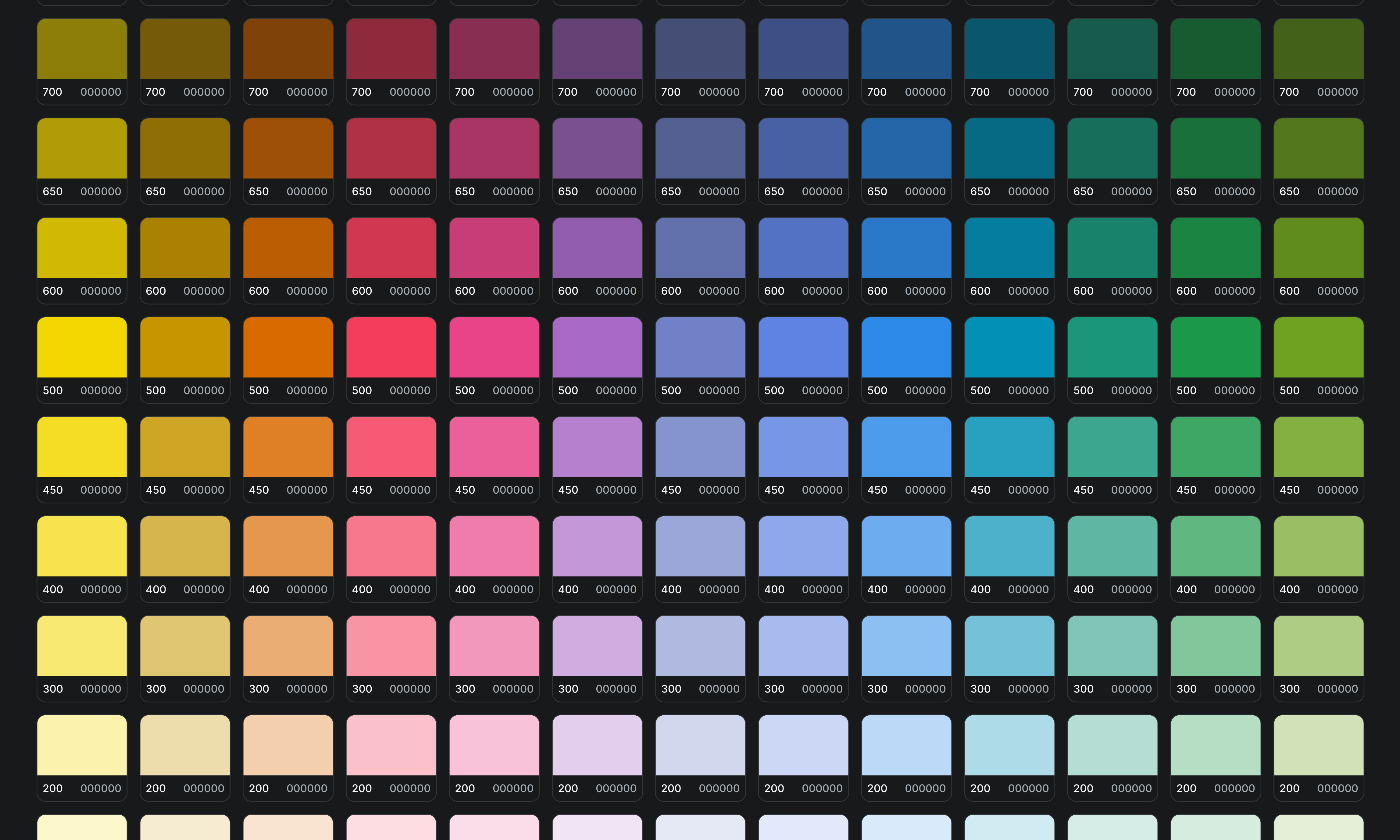Grid of Aura color tokens across hues and weights
