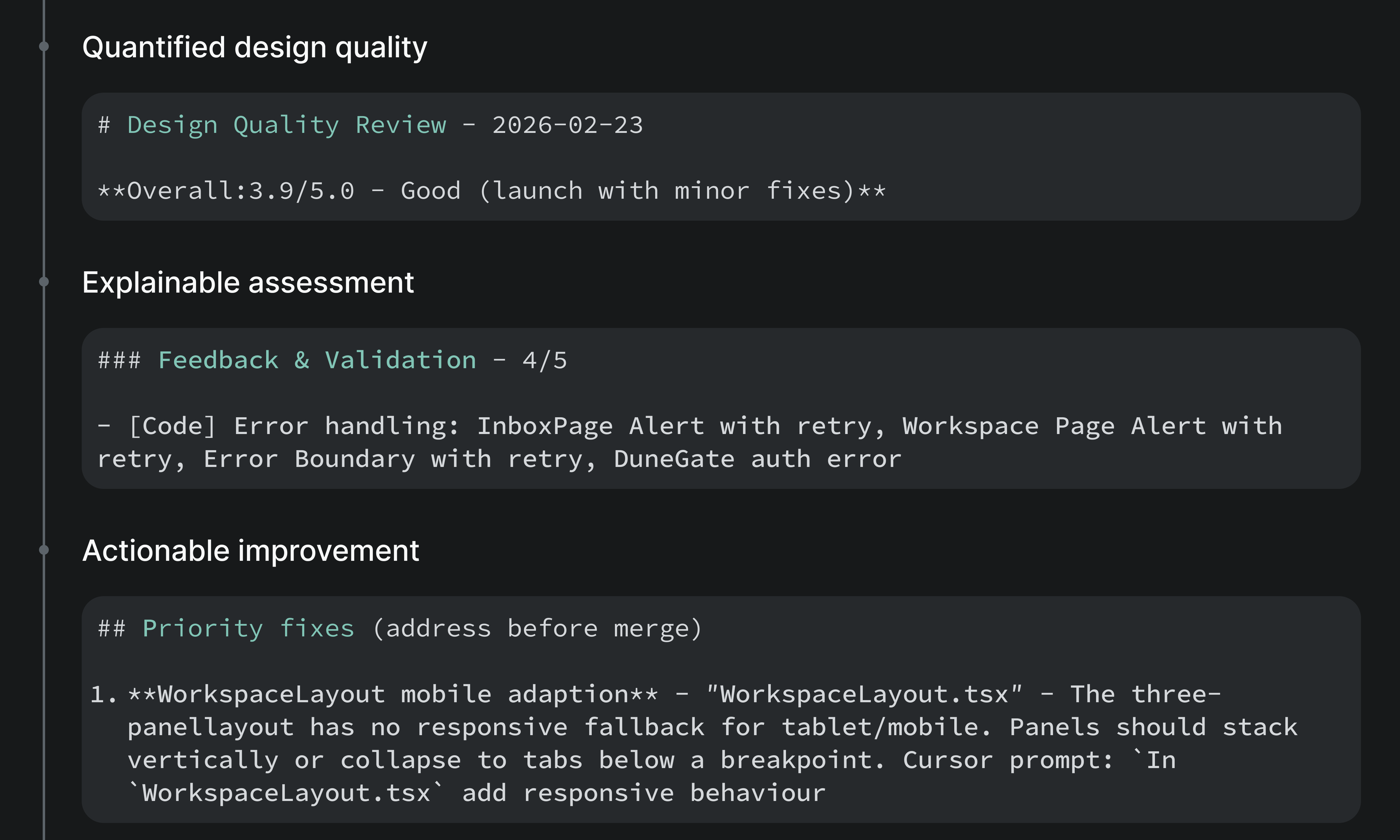 Automated design quality review with scored feedback and actionable fixes