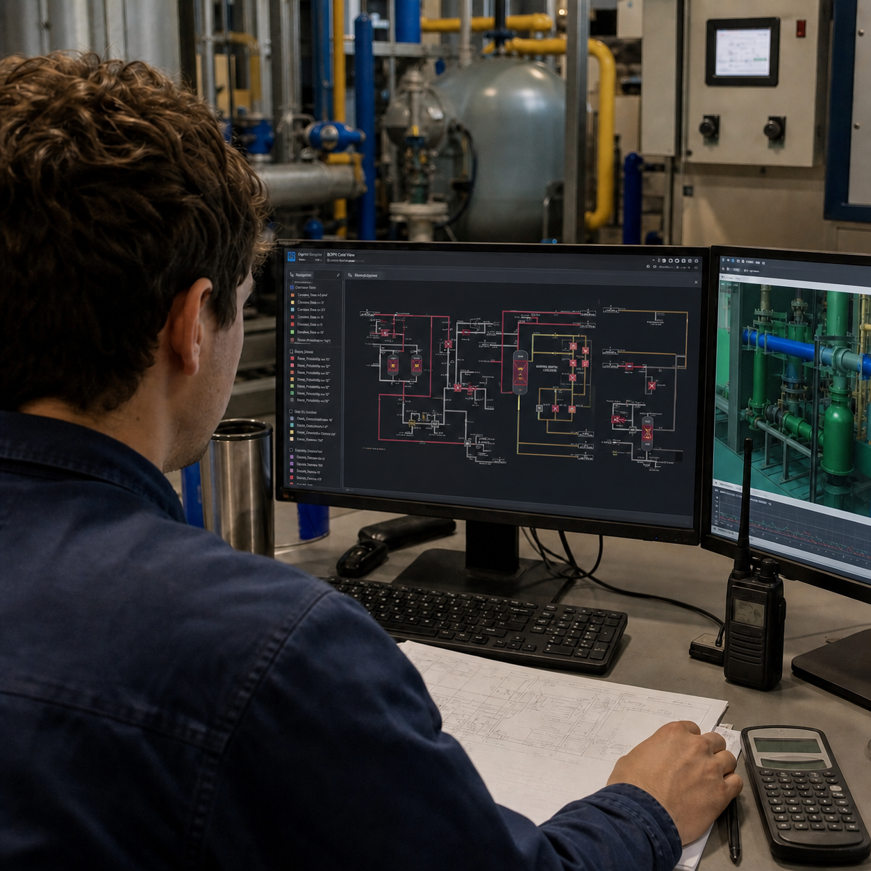 Operator reviewing a process diagram and 3D plant view across dual monitors