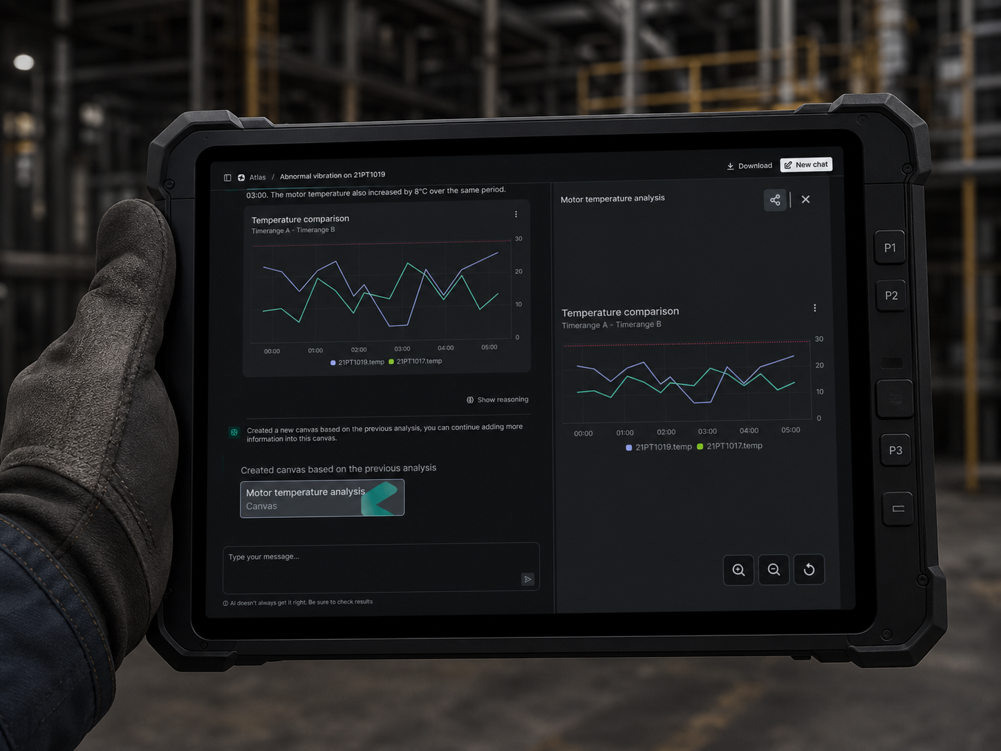 Gloved hand holding a rugged tablet running an Atlas AI analysis canvas